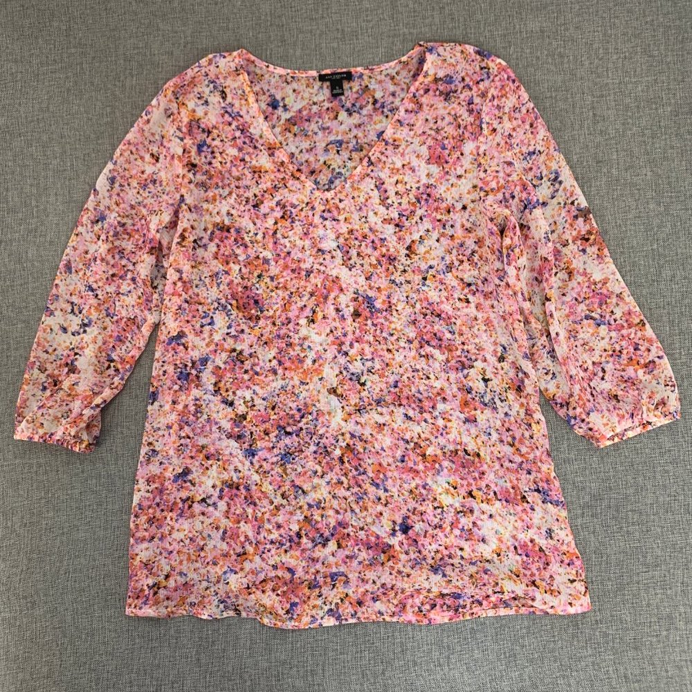 Ann Taylor Lightweight Blouse V-Neckline 3/4th Sleeve Small Pink Tan Orange Blue